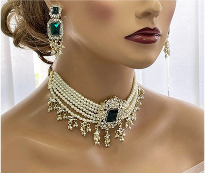 Bridal Jewelry Set, Victorian Pearl Choker Green Stone Necklace Earrings, Indian wedding Jewelry Set, Special Event Drop Earrings Necklace