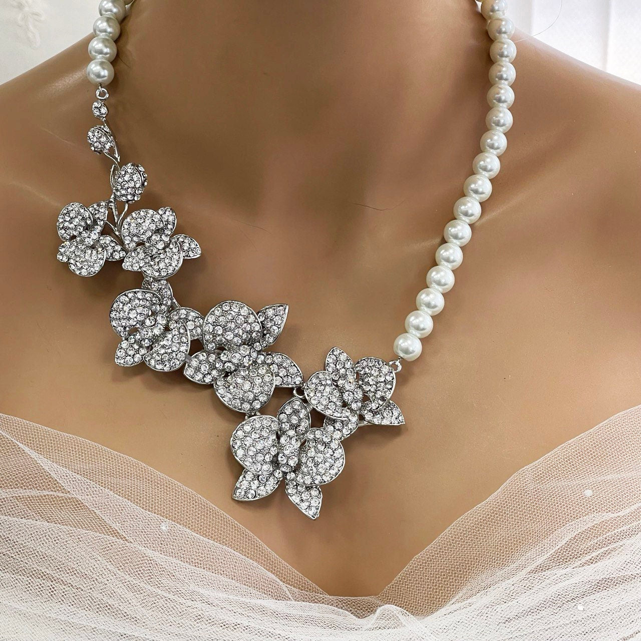 Bridal Statement Earrings Necklace Set, Crystal Pearl Orchid Flowers, Unique Wedding Jewelry, Perfect Gift for Brides