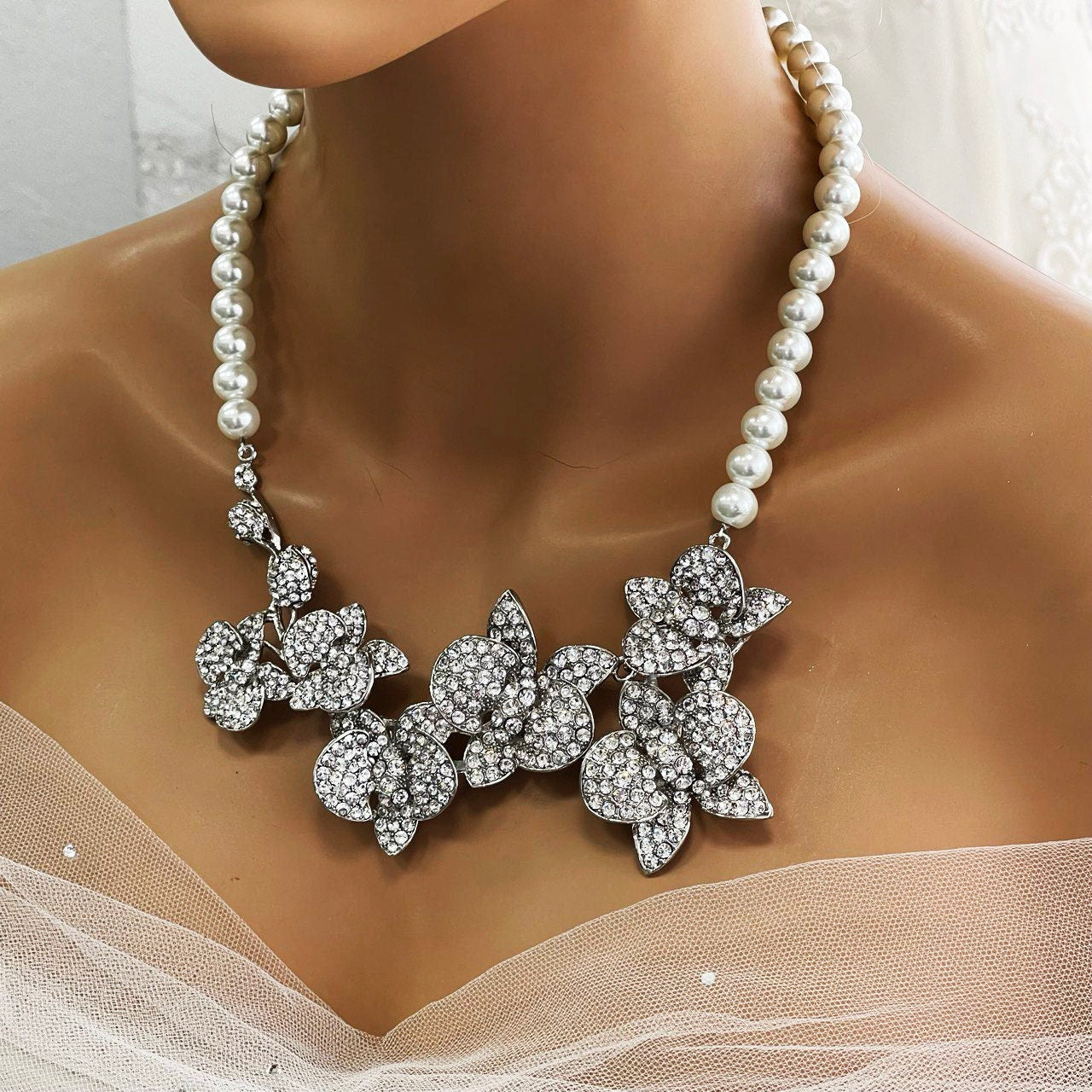 Bridal Statement Earrings Necklace Set, Crystal Pearl Orchid Flowers, Unique Wedding Jewelry, Perfect Gift for Brides