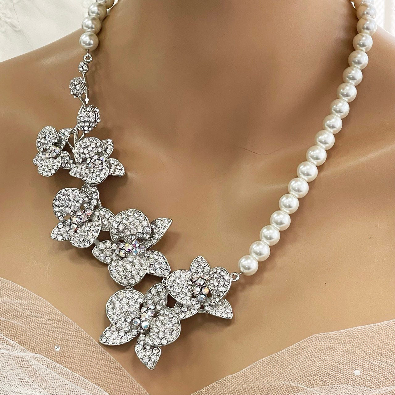 Bridal Statement Earrings Necklace Set, Crystal Pearl Orchid Flowers, Unique Wedding Jewelry, Perfect Gift for Brides