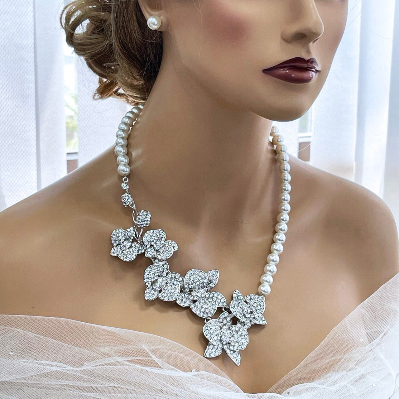 Bridal Statement Earrings Necklace Set, Crystal Pearl Orchid Flowers, Unique Wedding Jewelry, Perfect Gift for Brides