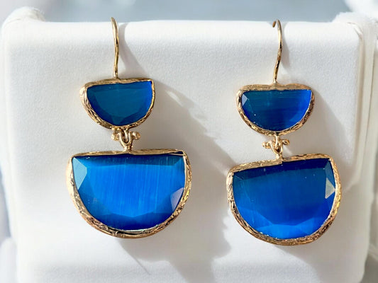 Gold Plated Blue Cats Eye Drop Earrings - Handmade Colorful Minimalist Jewelry, Handmade In Turkey - Glam Duchess