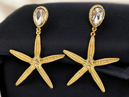 Gold Plated Starfish Dangle Earrings - Chunky Crystal Nautical Beach Boho Jewelry