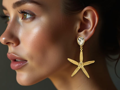 Gold Plated Starfish Dangle Earrings - Chunky Crystal Nautical Beach Boho Jewelry