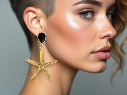 Gold Plated Starfish Dangle Earrings - Chunky Crystal Nautical Beach Boho Jewelry