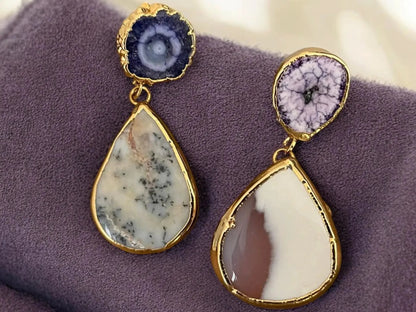 Gold Plated Agate Earrings – Handmade Purple Agate Drop Earrings With Raw Geode Stone by Glam Duchess (handmade-18k-gold-plated-raw-gemstone-drop-earrings-purple-natural-agate-dangle-earrings-fashion-bohemian-style-jewelry-made-in-turkey)