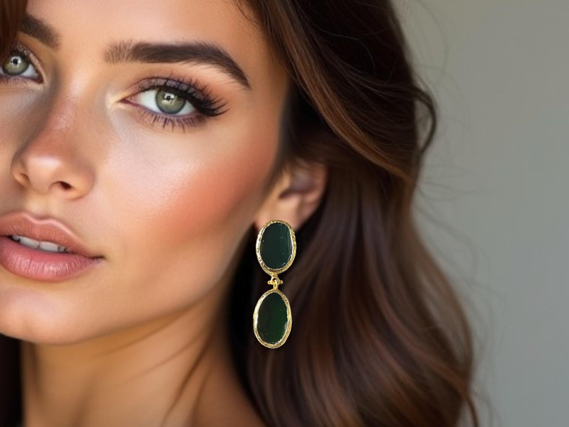 18K Gold Plated Handmade Minimalist Green Oval Gemstone Drop Earrings, Made in Turkey - Glam Duchess
