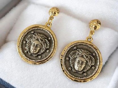 Handmade 18k Gold Plated Roman Coin Medusa Medallion Earrings, Made in Turkiye - Glam Duchess