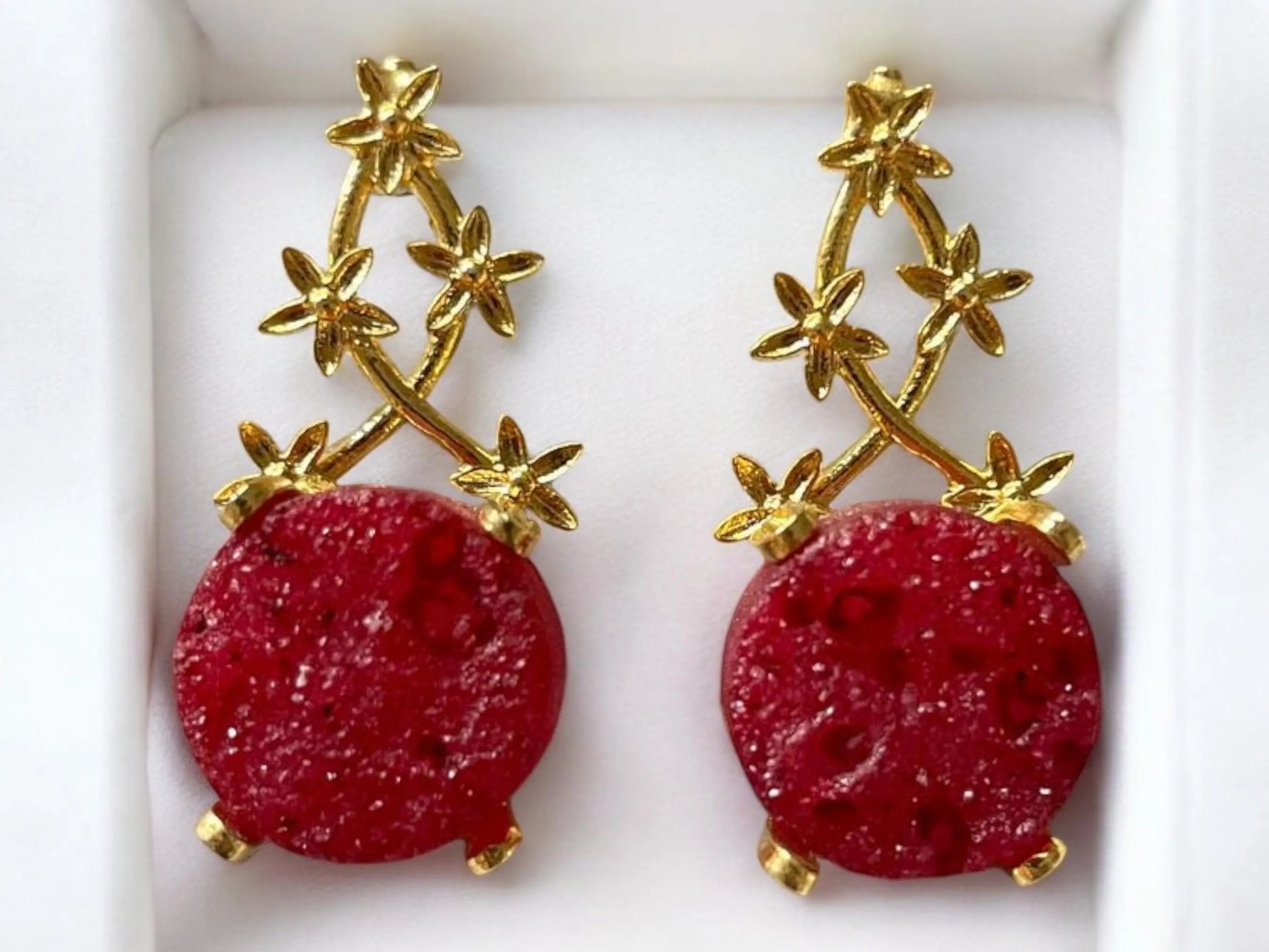 Handmade 18K Gold Plated Druzy Stone Minimalist Floral Vine Earrings, Made in Turkey - Glam Duchess