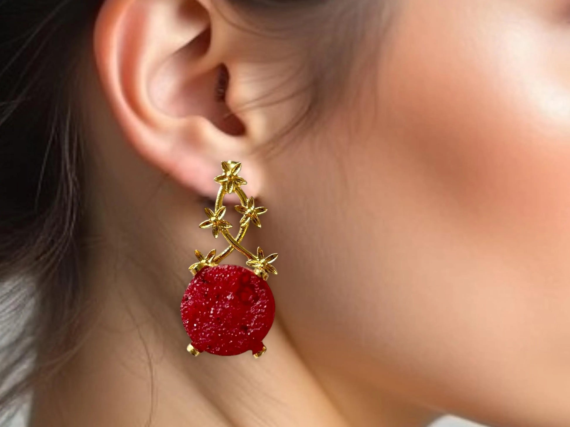 Handmade 18K Gold Plated Druzy Stone Minimalist Floral Vine Earrings, Made in Turkey - Glam Duchess
