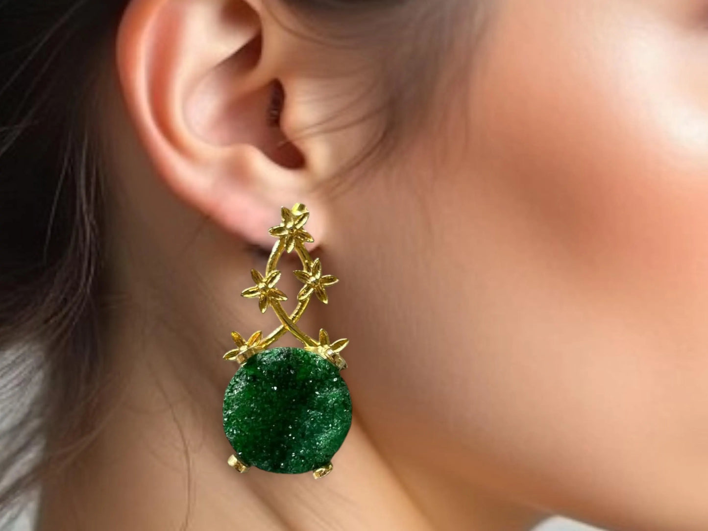 Handmade 18K Gold Plated Druzy Stone Minimalist Floral Vine Earrings, Made in Turkey - Glam Duchess