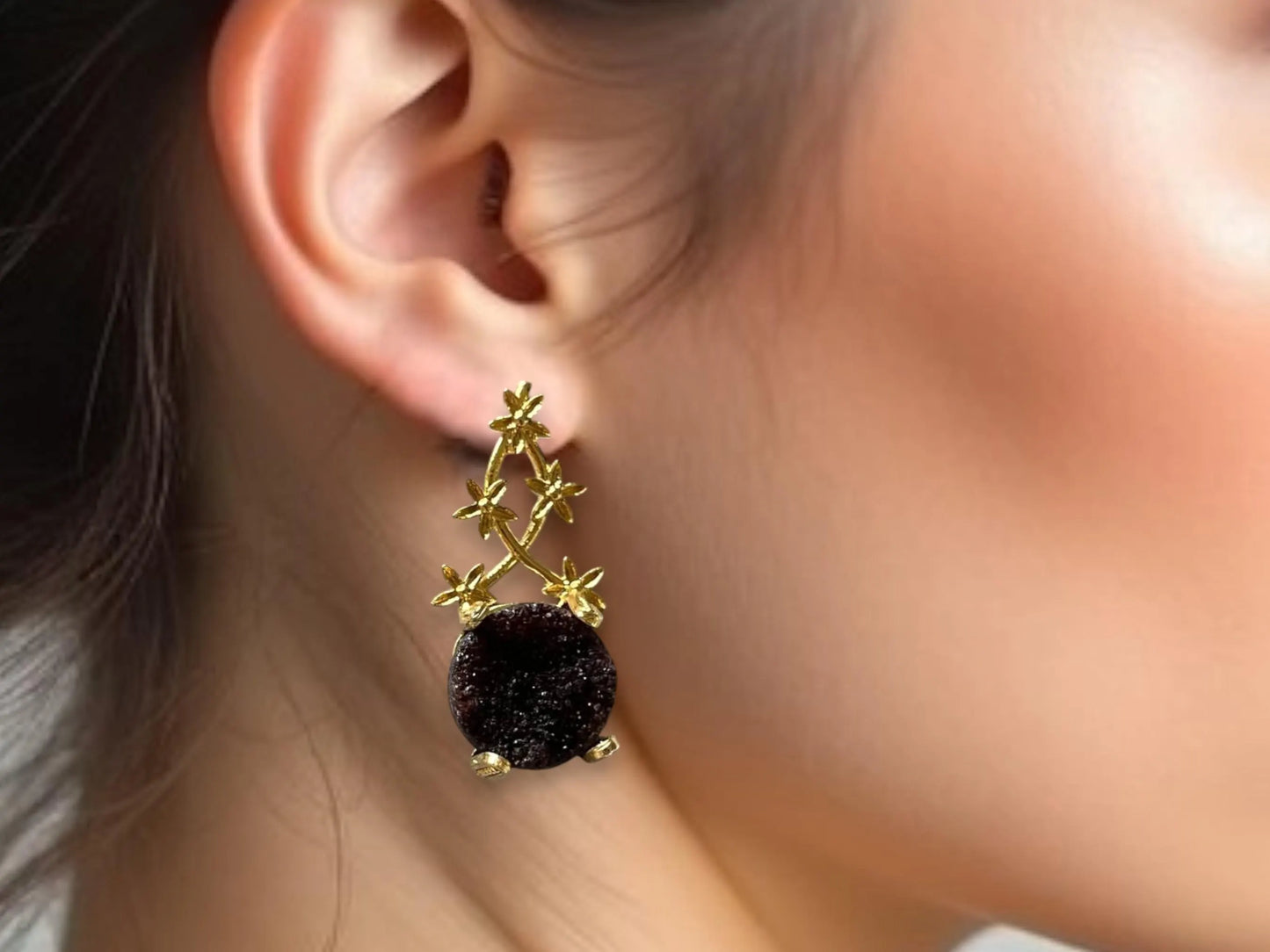 Handmade 18K Gold Plated Druzy Stone Minimalist Floral Vine Earrings, Made in Turkey - Glam Duchess