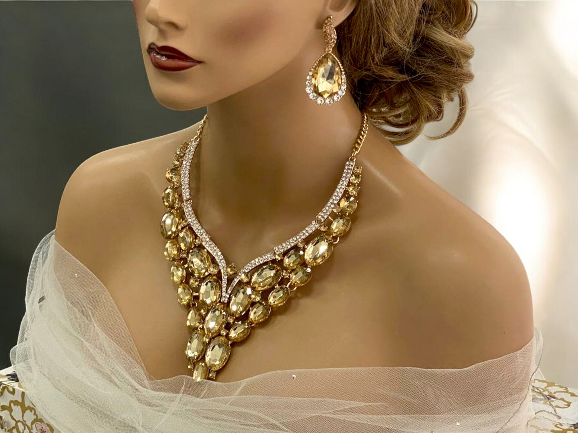 Golden Crystal Statement Necklace & Earrings Set, Bridal & Evening Jewelry - Glam Duchess