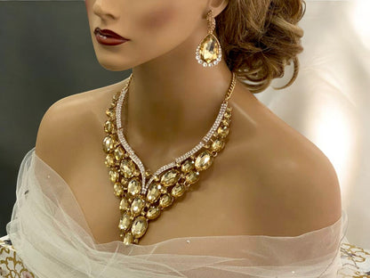 Golden Crystal Statement Necklace & Earrings Set, Bridal & Evening Jewelry - Glam Duchess