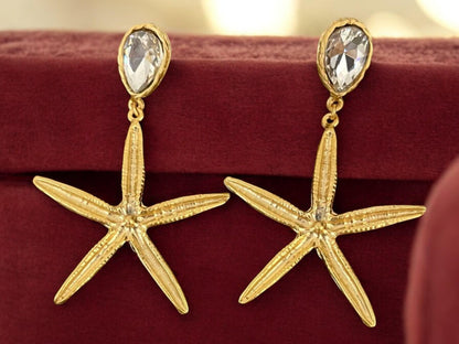 Gold Plated Starfish Dangle Earrings - Chunky Crystal Nautical Beach Boho Jewelry