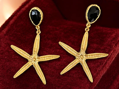 Gold Plated Starfish Dangle Earrings - Chunky Crystal Nautical Beach Boho Jewelry