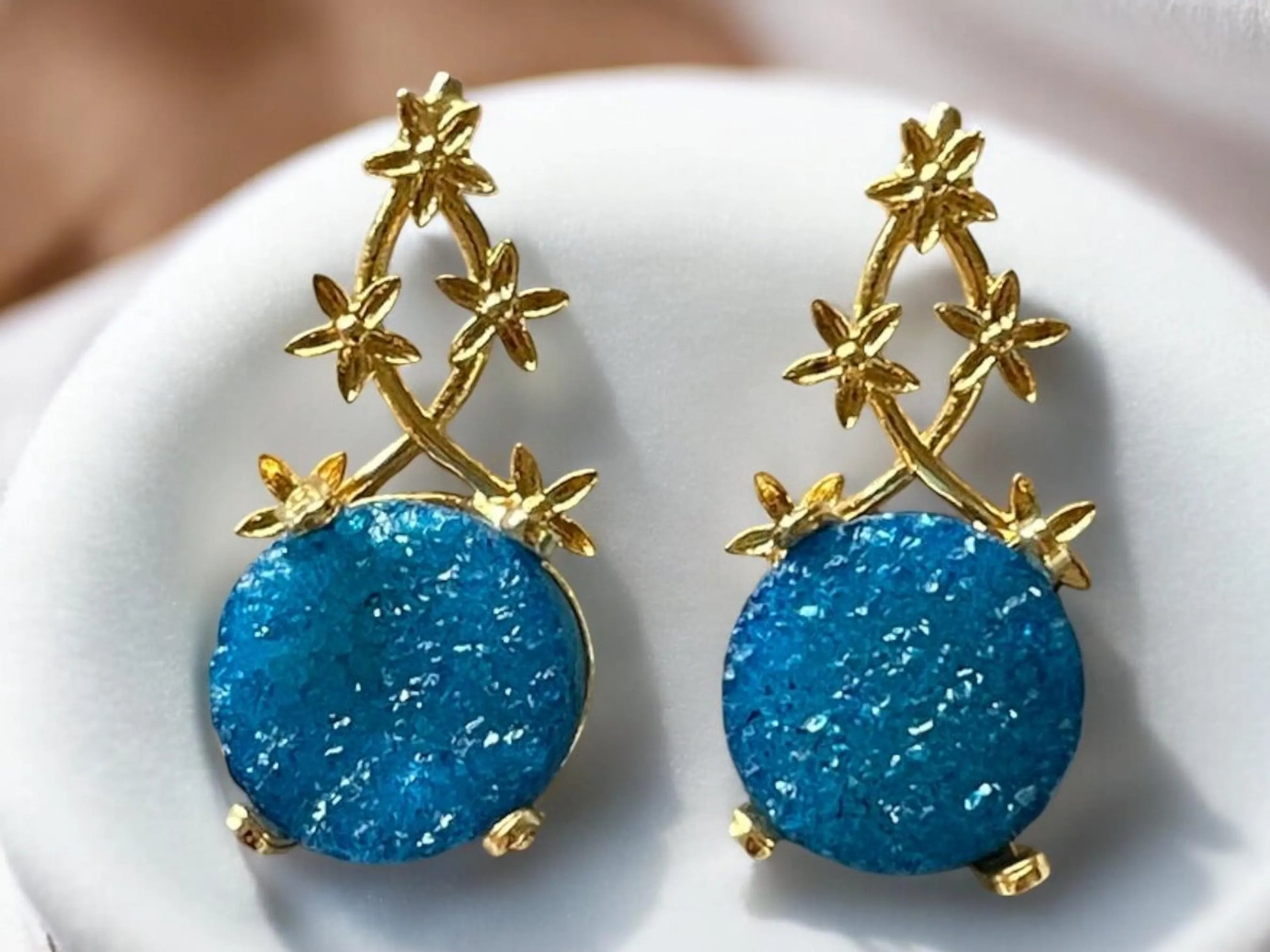 Handmade 18K Gold Plated Druzy Stone Minimalist Floral Vine Earrings, Made in Turkey - Glam Duchess