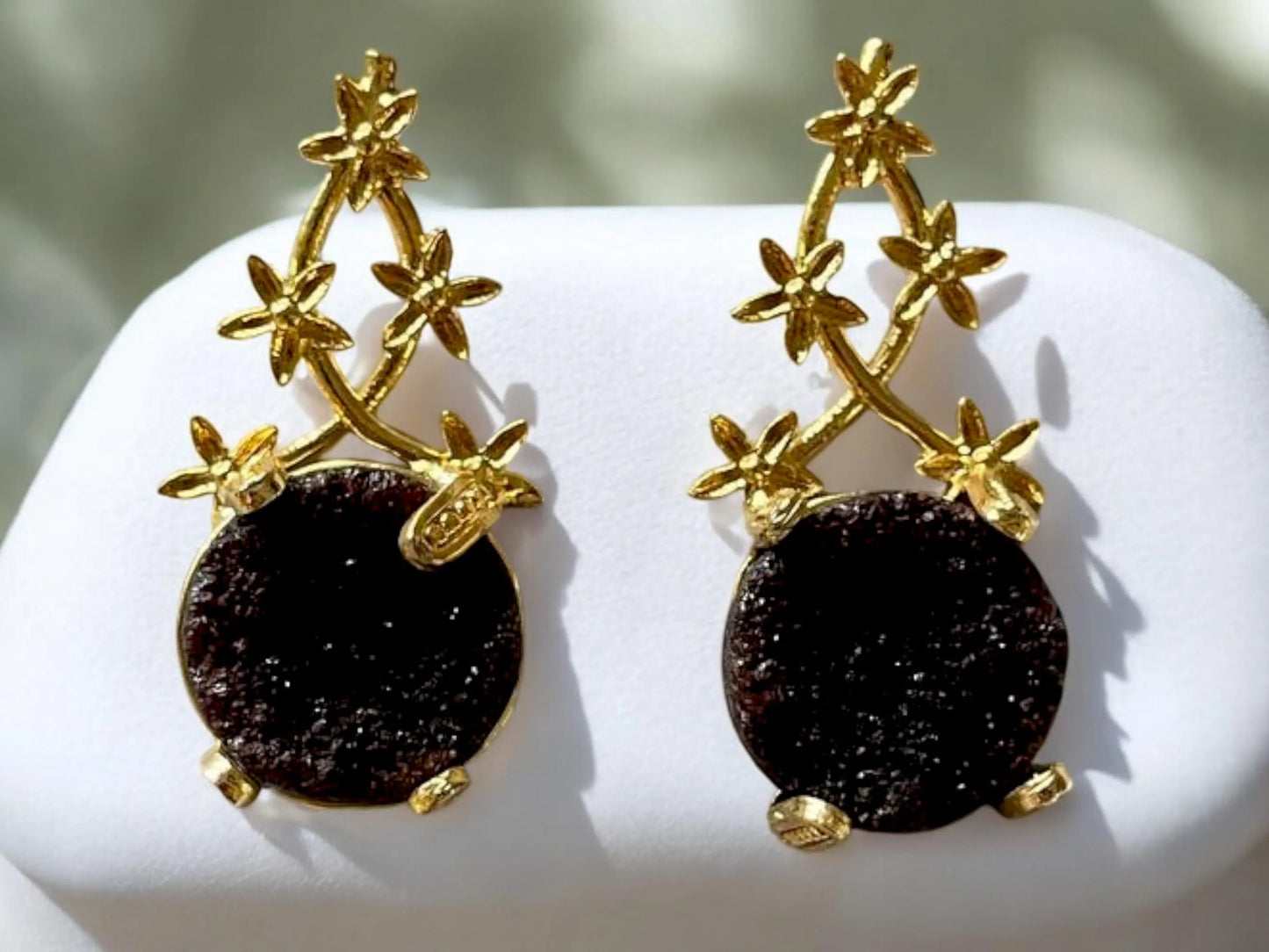 Handmade 18K Gold Plated Druzy Stone Minimalist Floral Vine Earrings, Made in Turkey - Glam Duchess