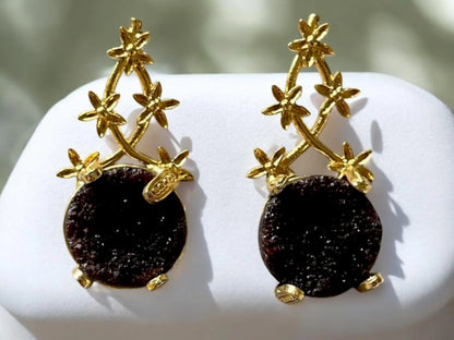 Handmade 18K Gold Plated Druzy Stone Minimalist Floral Vine Earrings, Made in Turkey - Glam Duchess