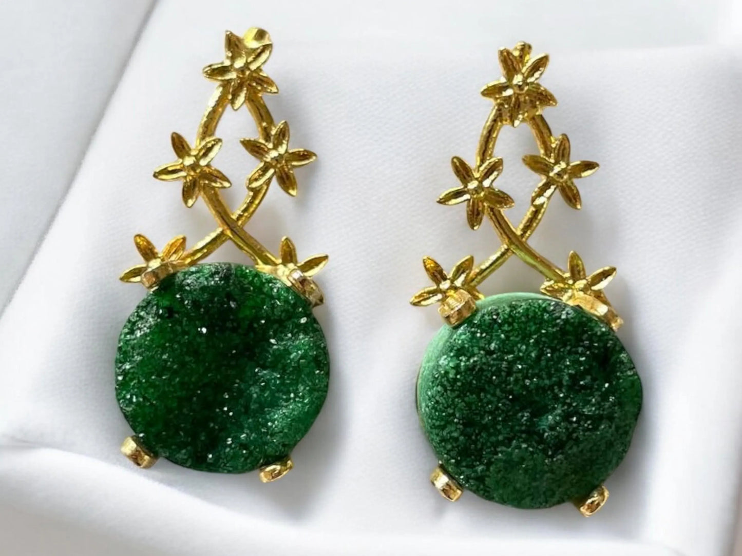 Handmade 18K Gold Plated Druzy Stone Minimalist Floral Vine Earrings, Made in Turkey - Glam Duchess