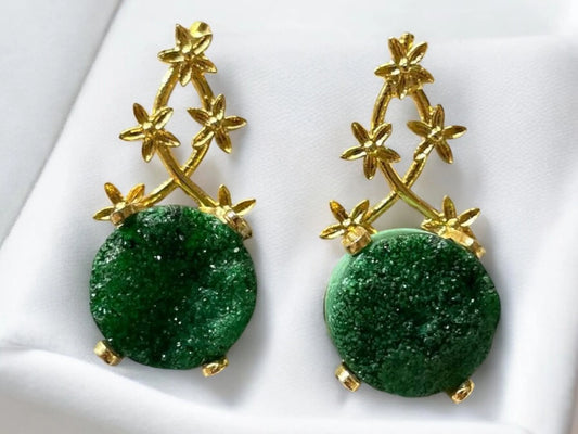 Handmade 18K Gold Plated Druzy Stone Minimalist Floral Vine Earrings, Made in Turkey - Glam Duchess