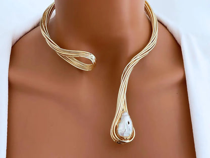 Handmade Gold Plated Open Choker Baroque Pearl Necklace & Bracelet Set, Handmade In Turkey