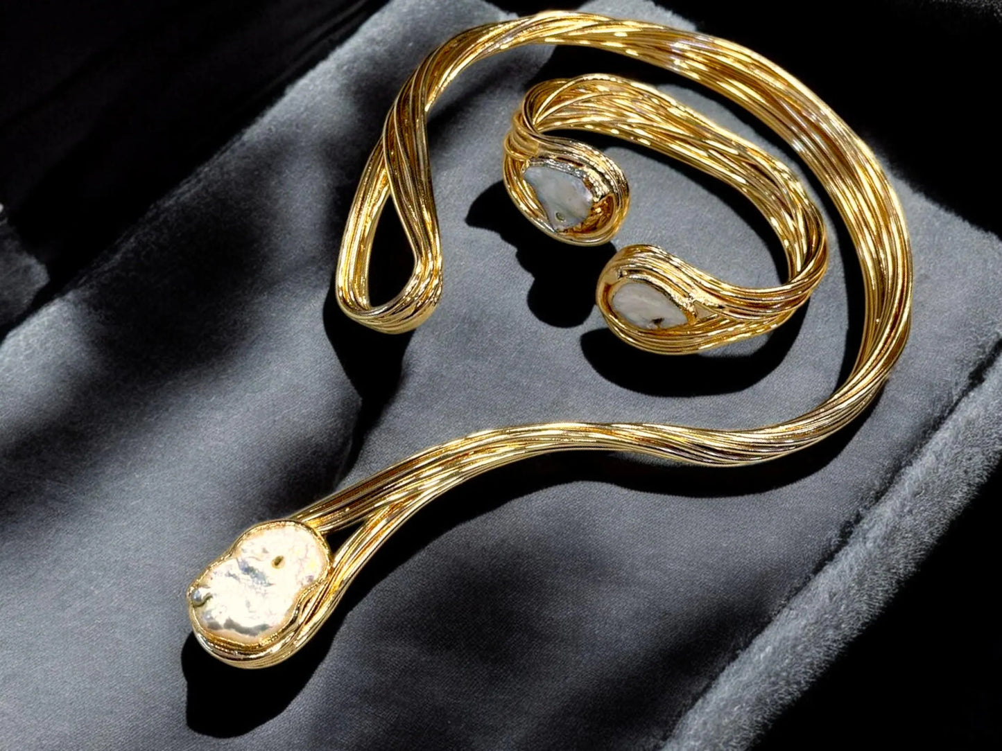Handmade Gold Plated Open Choker Baroque Pearl Necklace & Bracelet Set, Handmade In Turkey