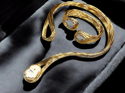 Handmade Gold Plated Open Choker Baroque Pearl Necklace & Bracelet Set, Handmade In Turkey