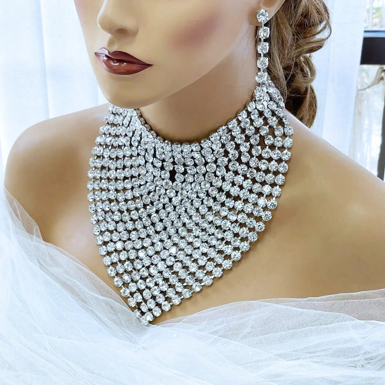 Chunky Luxury Statement Rhinestone Choker Necklace & Long Drop Earrings Set - Glam Duchess