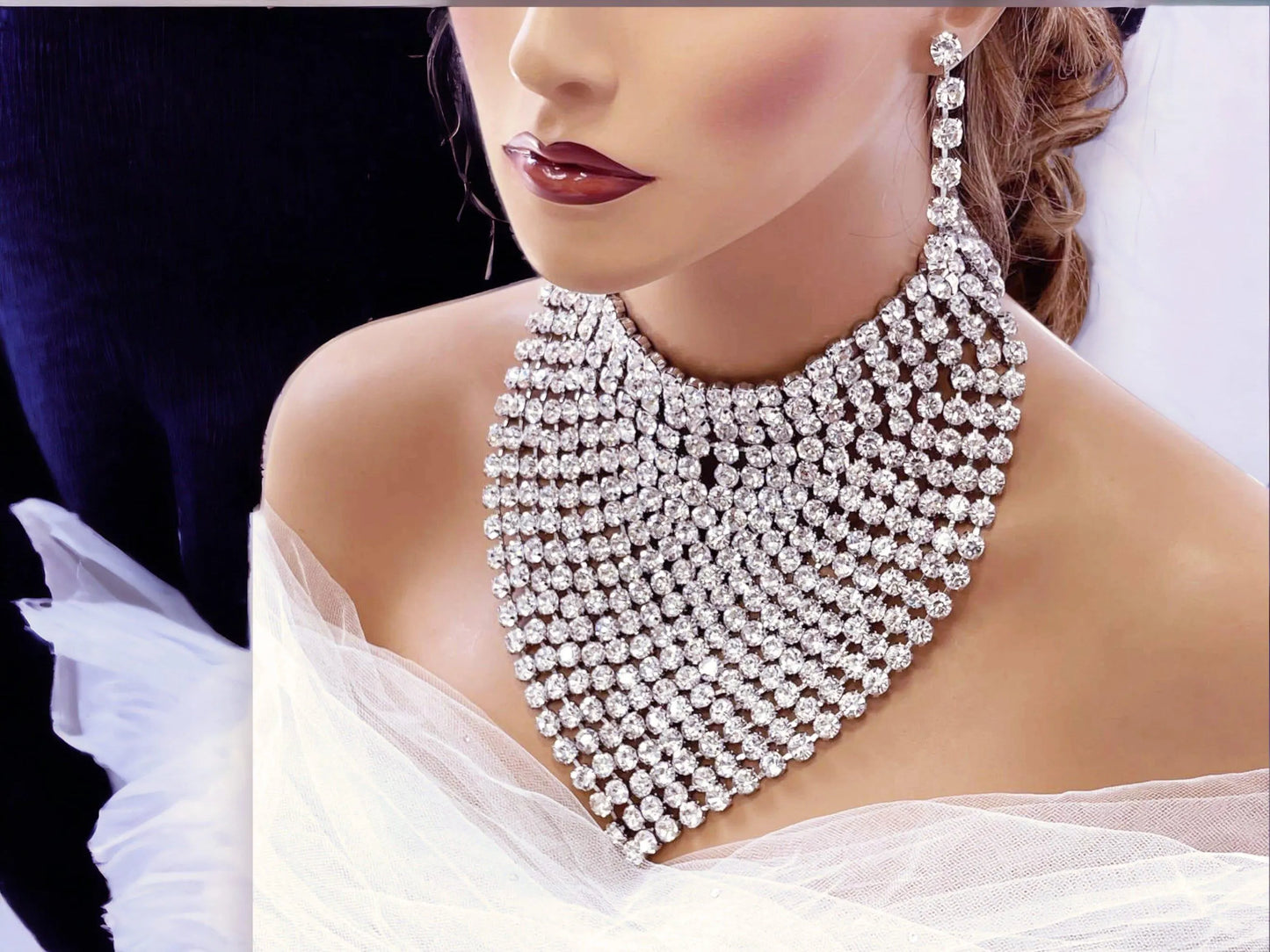 Chunky Luxury Statement Rhinestone Choker Necklace & Long Drop Earrings Set - Glam Duchess