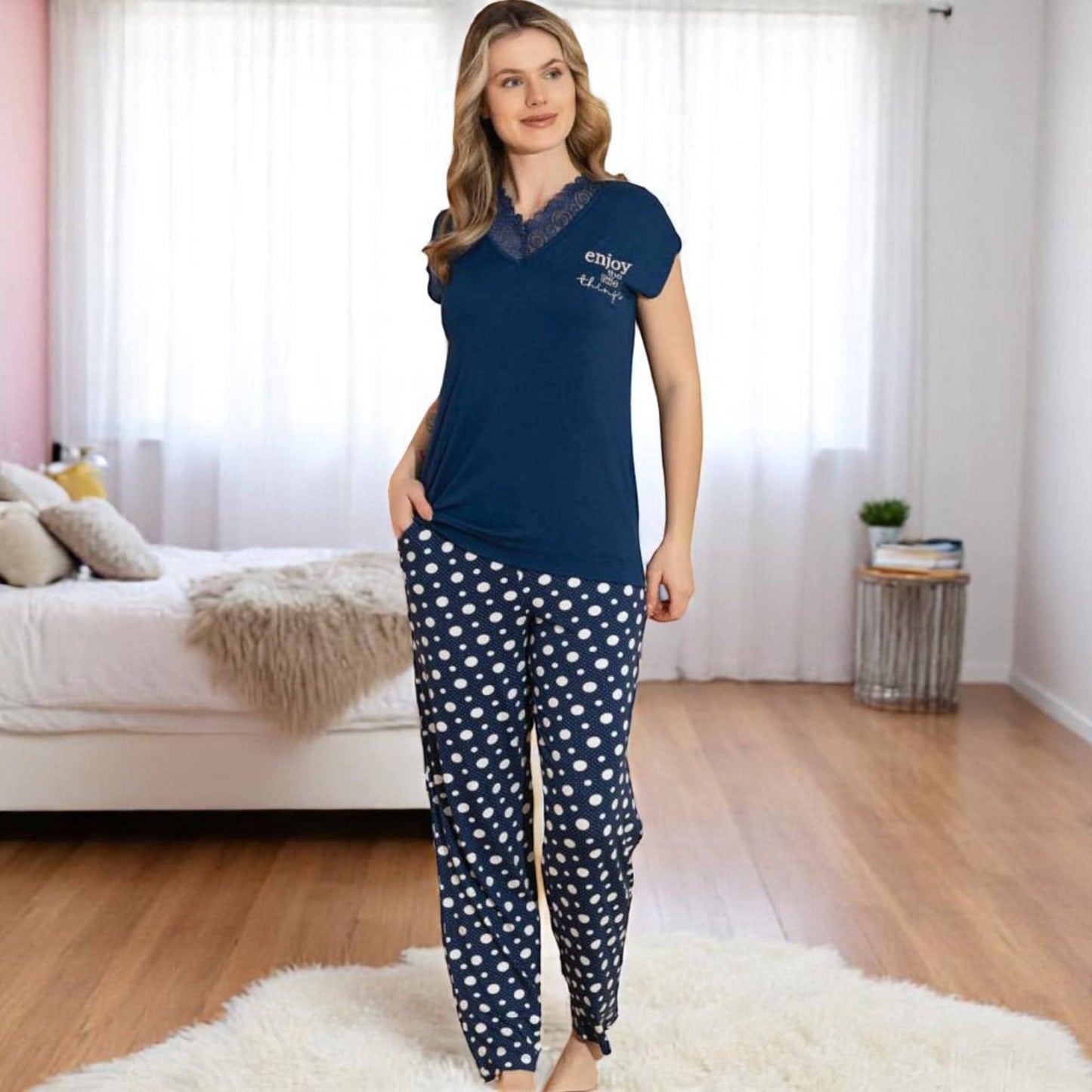 Red Polka Dot Pajama Set Womens Summer Sleepwear - Soft Lace Trim Tank Top & Shorts, Comfy Loungewear Made in Turkey