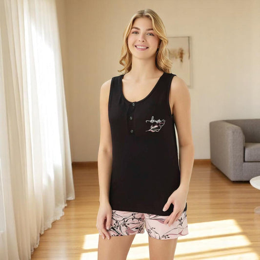 Ultra Soft Black Sleeveless Pajama Set, Lightweight Sleepwear, Summer Viscose Tank & Pink Shorts, Soft Homewear, Made in Turkey