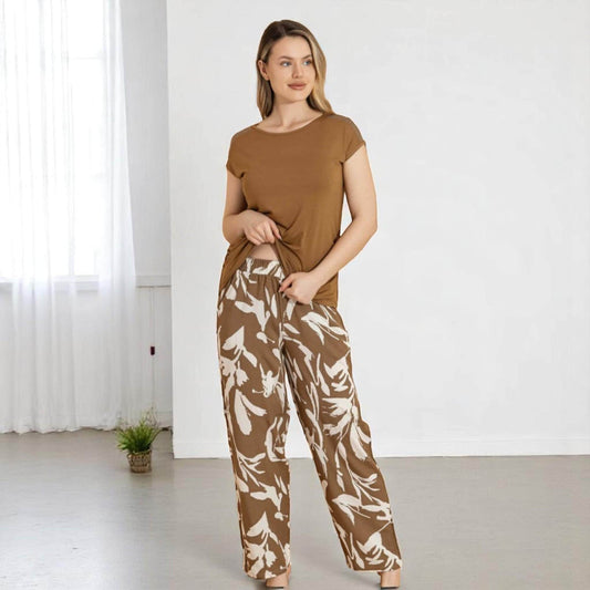 Lightweight Summer Loungewear, Soft Relaxed Fit Sleepwear, Short Sleeve Top & Printed Pants, Pajama Set, Comfy Homewear Set, Made in Turkey