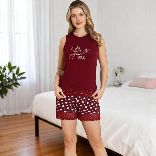 Red Polka Dot Pajama Set Womens Summer Sleepwear - Soft Lace Trim Tank Top & Shorts, Comfy Loungewear Made in Turkey