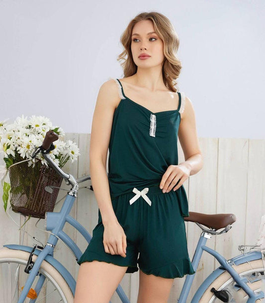 Soft Cami Ruffled Shorts Sleepwear Set, Tank & Shorts Loungewear, Super Comfy Summer Pajama, Lightweight Nightwear, Made in Turkey
