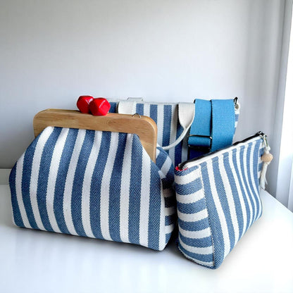 Blue White Striped Bag Set | Handmade Canvas Tote, Clutch & Zipper Pouch | Nautical Summer Purse Trio | Beach Bag Set - Glam Duchess
