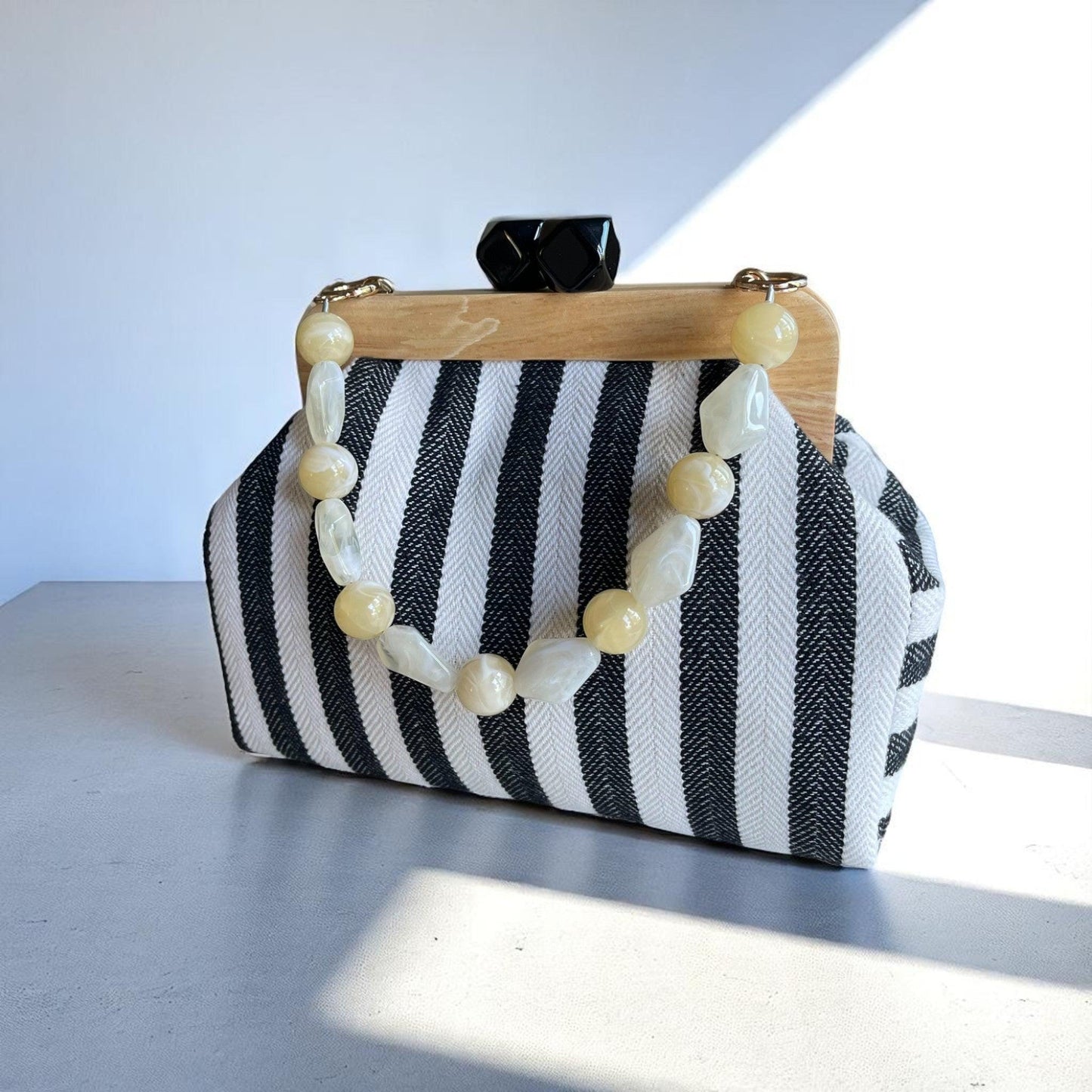 Striped Canvas Clutch with Wooden Frame – Handmade  Purse, Boho Bag, Summer Accessory, Lightweight & Durable