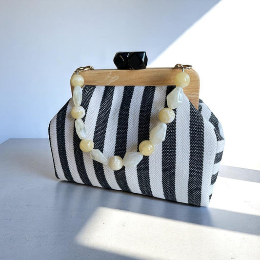 Striped Canvas Clutch with Wooden Frame – Handmade Turkish Purse, Boho Bag, Summer Accessory, Lightweight & Durable