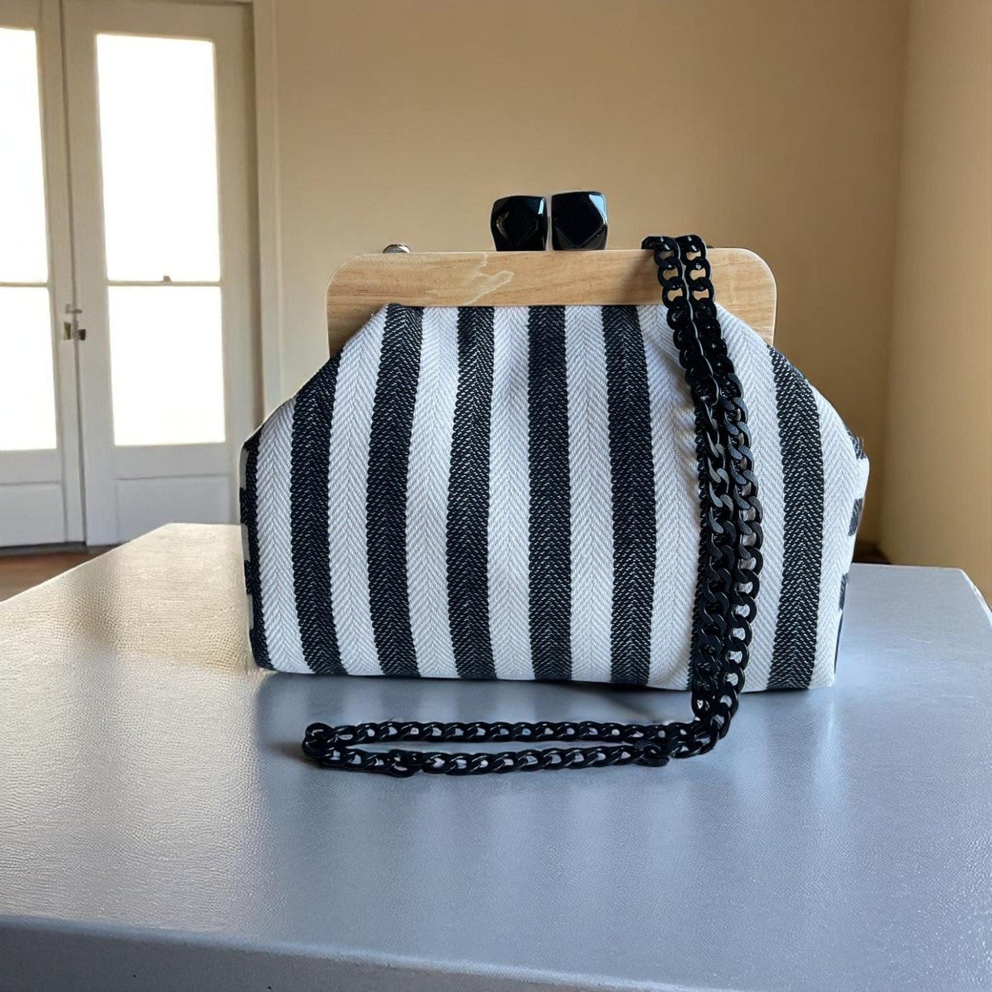 Striped Canvas Clutch with Wooden Frame – Handmade  Purse, Boho Bag, Summer Accessory, Lightweight & Durable