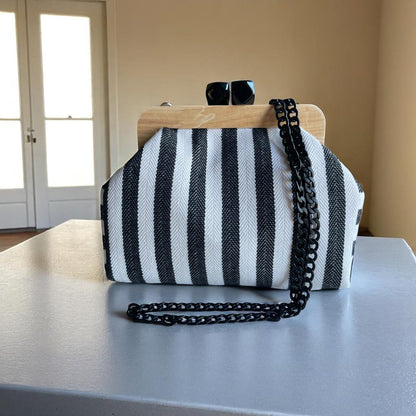 Striped Canvas Clutch with Wooden Frame – Handmade  Purse, Boho Bag, Summer Accessory, Lightweight & Durable