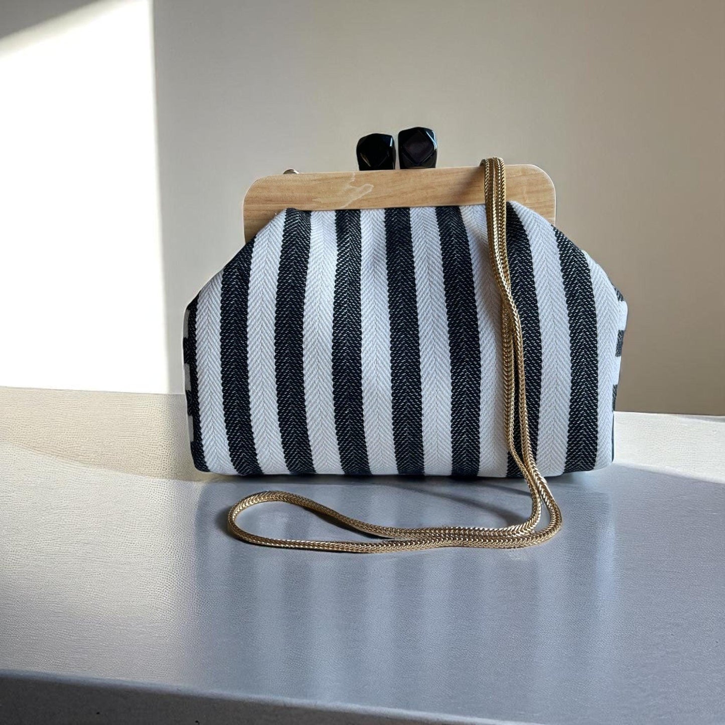 Striped Canvas Clutch with Wooden Frame – Handmade  Purse, Boho Bag, Summer Accessory, Lightweight & Durable