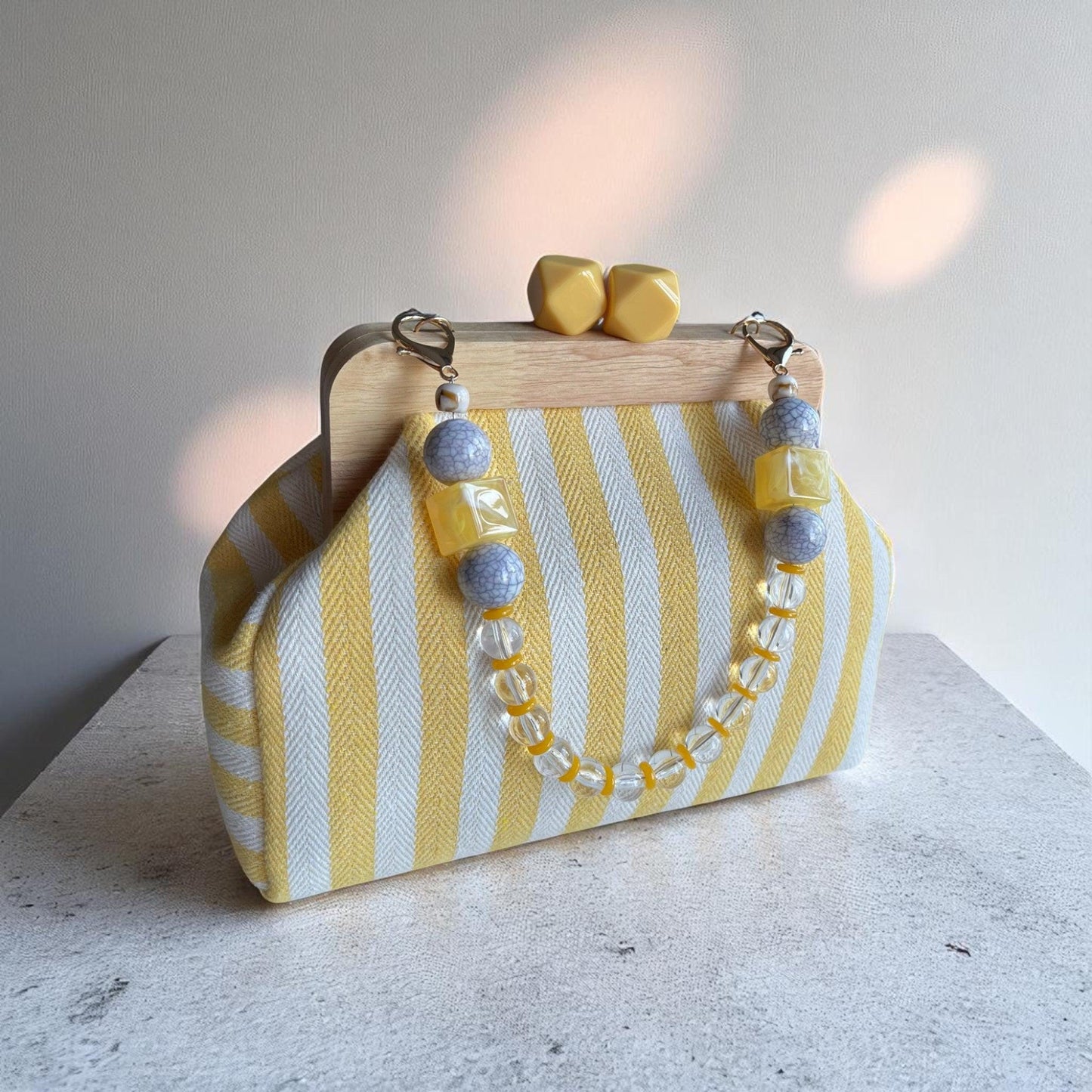 Handmade Yellow Striped Canvas Clutch with Wooden Frame, Boho Purse, Stylish Summer Bag, Handcrafted In Turkiye - Glam Duchess