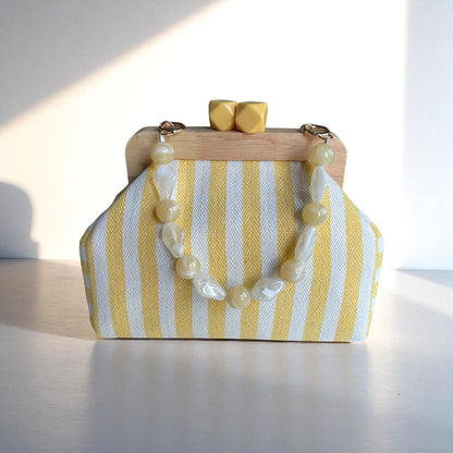 Handmade Yellow Striped Canvas Clutch with Wooden Frame, Boho Purse, Stylish Summer Bag, Handcrafted In Turkiye - Glam Duchess