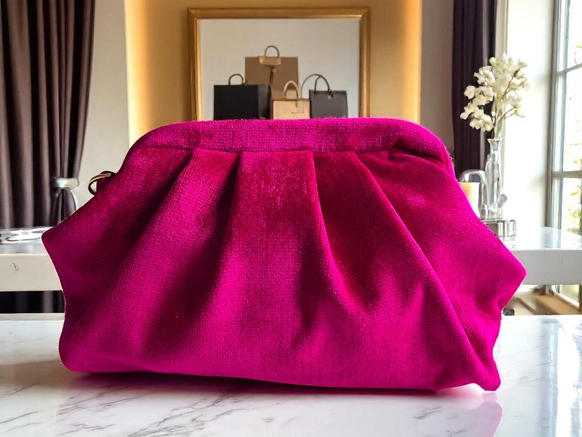 Hot Pink Velvet Clutch with Beaded Handle | Handmade Gold Chain Evening Bag | Statement Purse for Parties & Events - Glam Duchess