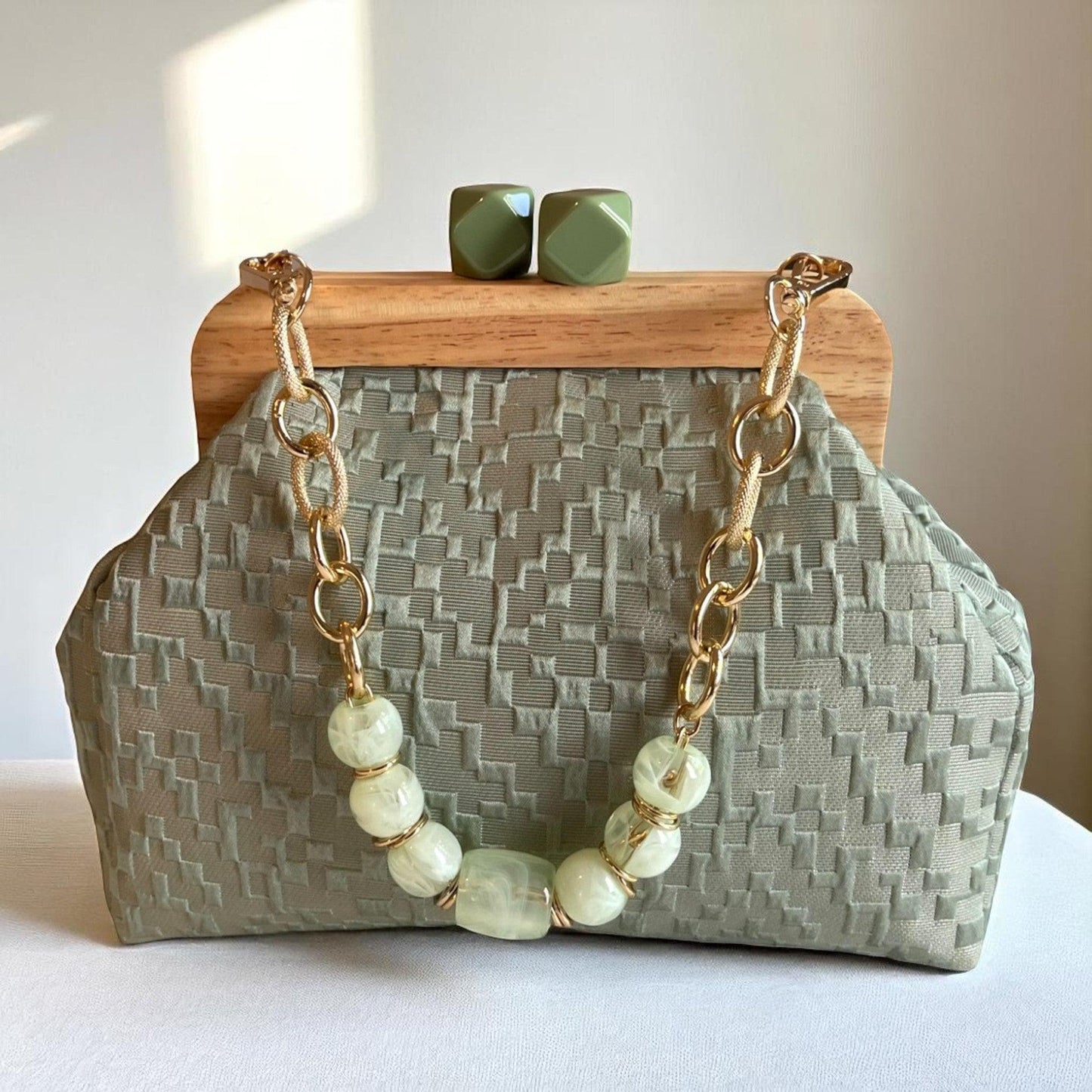 Sage Green Textured Clutch with Wooden Frame | Handmade Geometric Clasp Purse | Neutral Evening Bag | Soft Fabric Clutch | Made in Türkiye