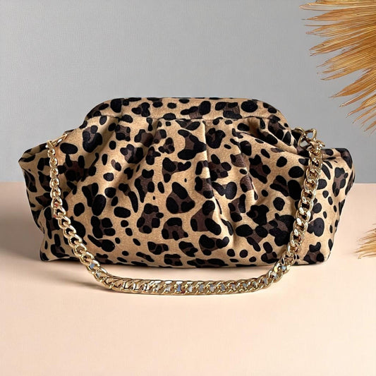 Leopard Print Clutch with Gold Chain and Beaded Handle | Handmade Animal Print Purse | Statement Evening Bag - Glam Duchess