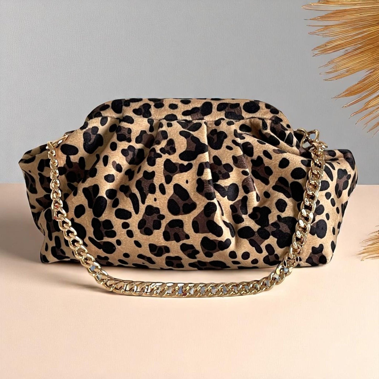 Leopard Print Clutch Bag with Gold Chain & Beaded Handle - Handmade Animal Print Evening Purse from Türkiye - Statement Fashion Accessory