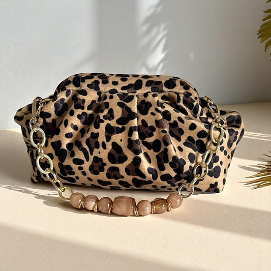 Leopard Print Clutch Bag with Gold Chain & Beaded Handle - Handmade Animal Print Evening Purse from Türkiye - Statement Fashion Accessory