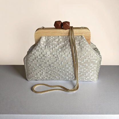 Beige Textured Clutch with Wooden Frame,Handmade Neutral Evening Bag with Brown Geometric Clasp | Elegant Structured Purse|