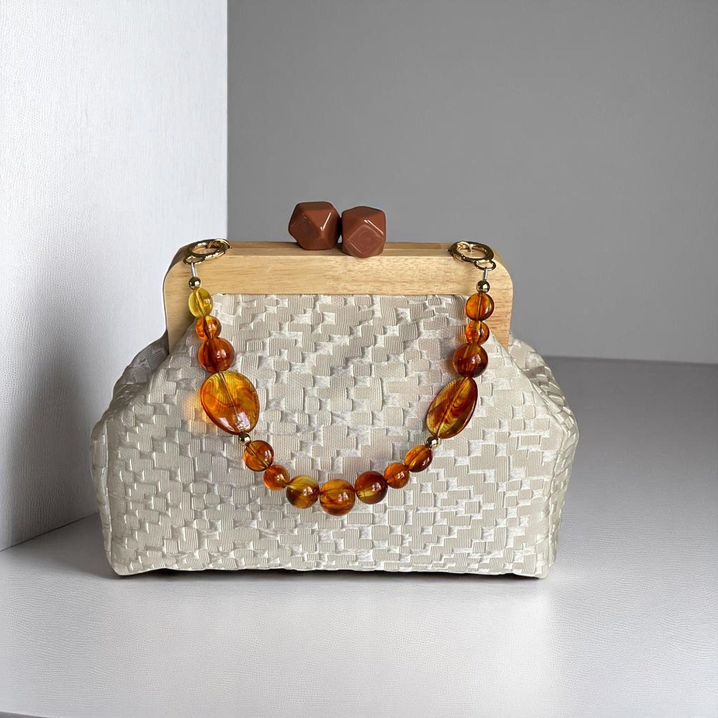 Beige Textured Clutch with Wooden Frame,Handmade Neutral Evening Bag with Brown Geometric Clasp | Elegant Structured Purse|